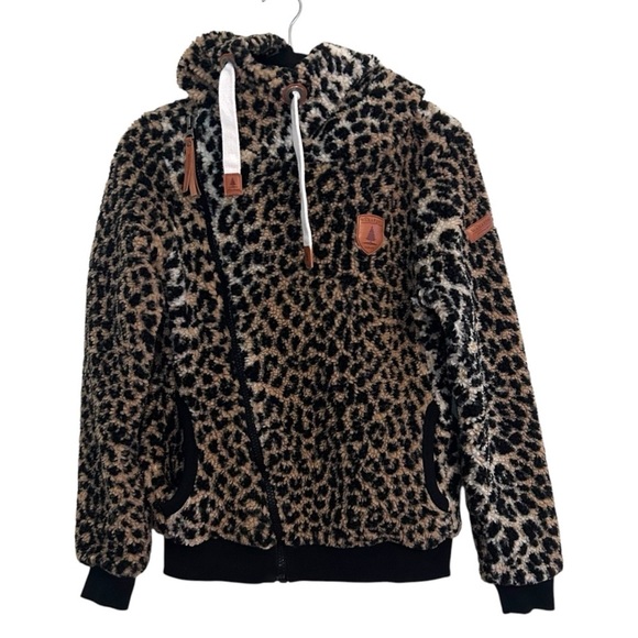 Wanakome Bliss Sherpa Leopard Print Hoodie- Cowl Neck Full Zip Hoodie- Size XS - Picture 2 of 9